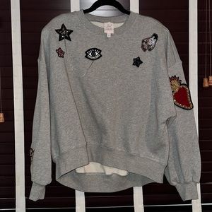 Cinq a Sept Blaire Embellished Patch Padded Shoulder Pullover Sweatshirt Grey M